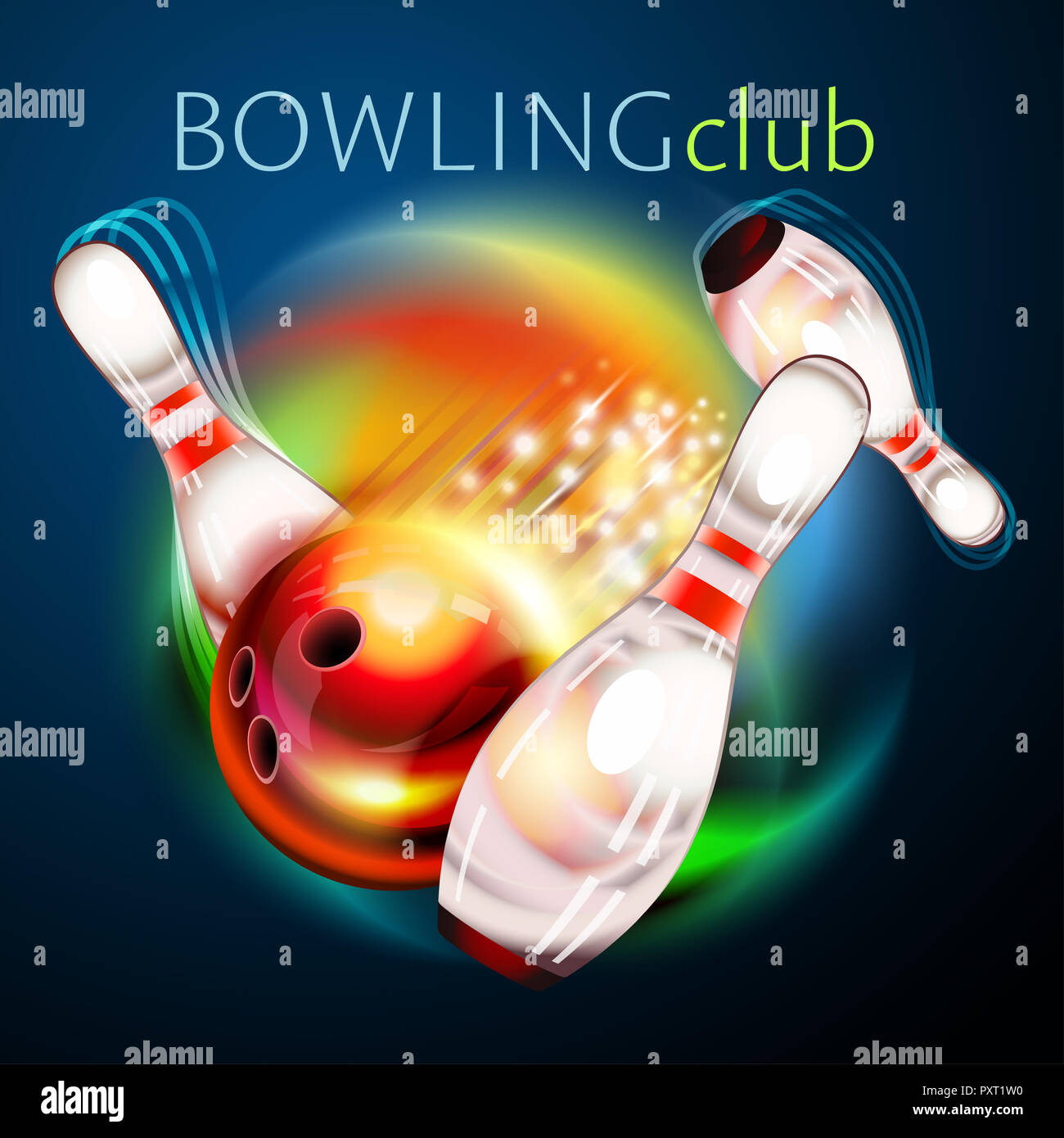 Bowling Ball survolant rainbow background. Jeu de bowling avec vector propres et brillants. Banque D'Images