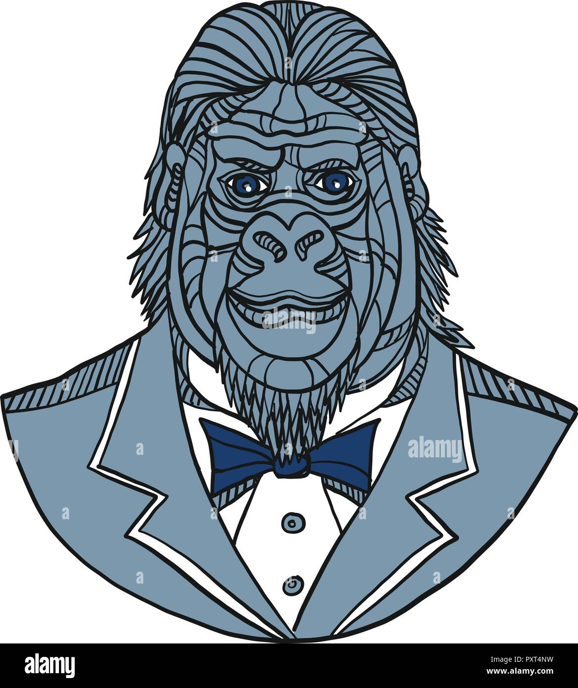 Illustration ligne mono de buste d'un gorille ou ape portant veste de smoking costume cravate et manteau vue de l'avant fait en couleur style de produit unique. Illustration de Vecteur