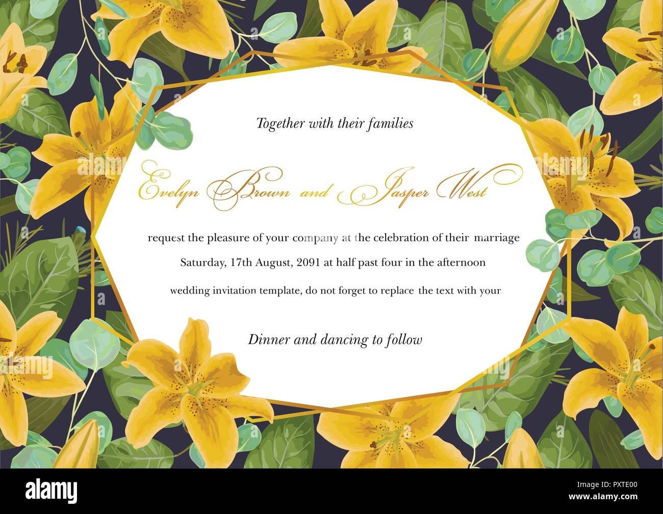 Fleurs de mariage, carte d'invitation inviter. Style aquarelle vecteur, forêt luxuriante, des herbes, de l'Eucalyptus, feuilles, jaune, vert botanique lilly horizontal Illustration de Vecteur