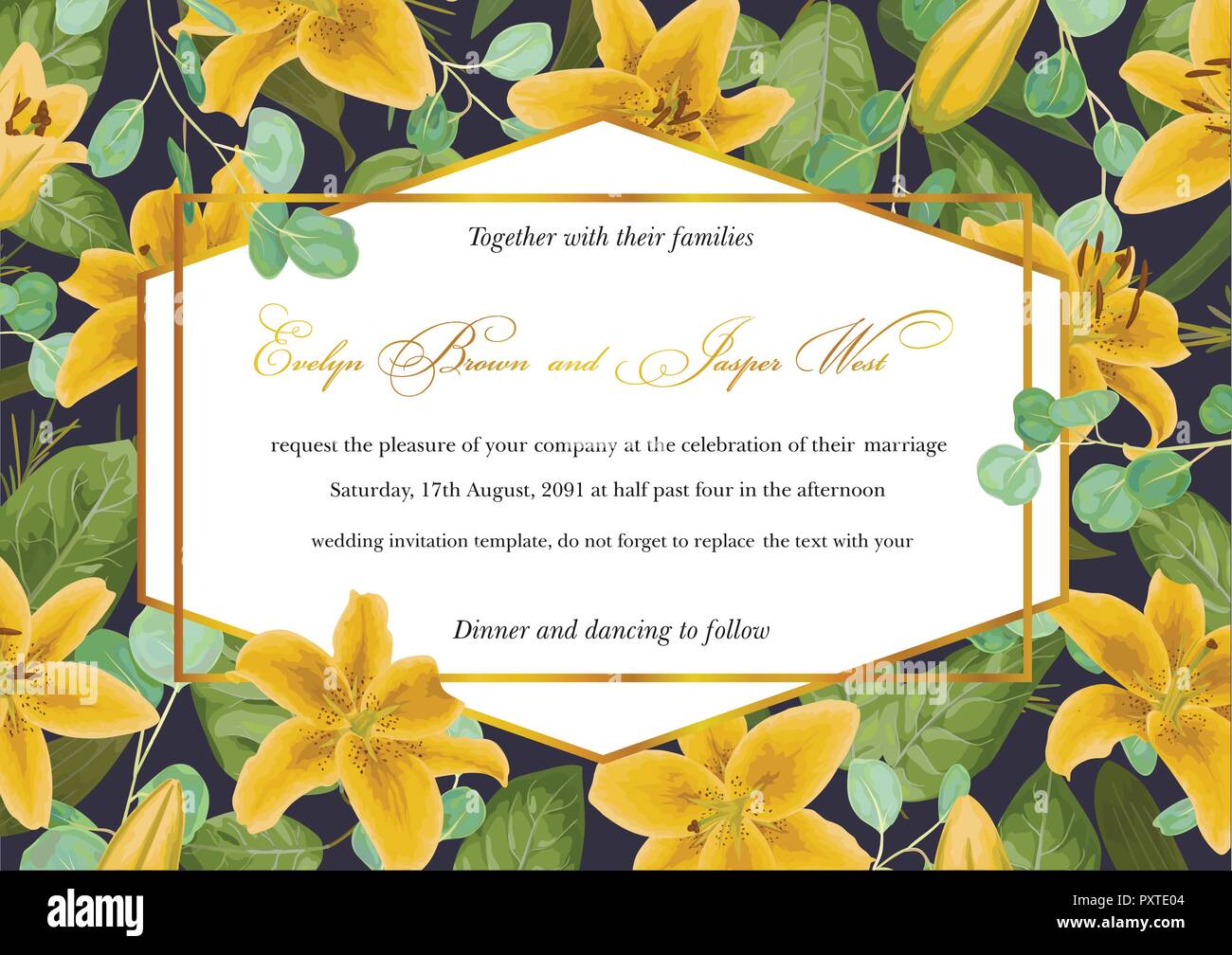 Fleurs de mariage, carte d'invitation inviter. Style aquarelle vecteur, forêt luxuriante, des herbes, de l'eucalyptus, les feuilles vert botanique, lilly, horizontal geometr Illustration de Vecteur