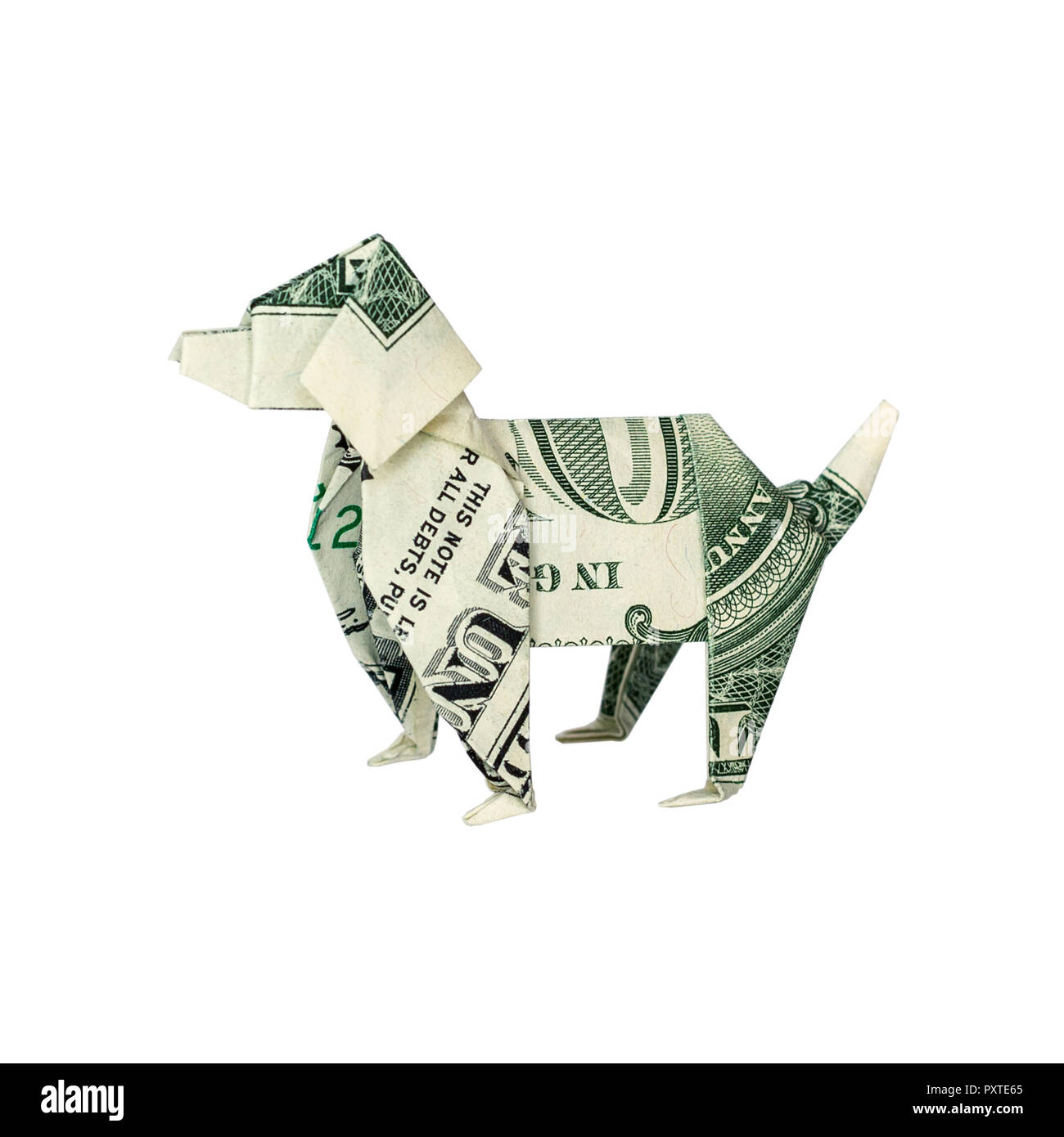Argent CHIEN Origami plié avec du vrai One Dollar Bill isolé sur fond blanc Banque D'Images