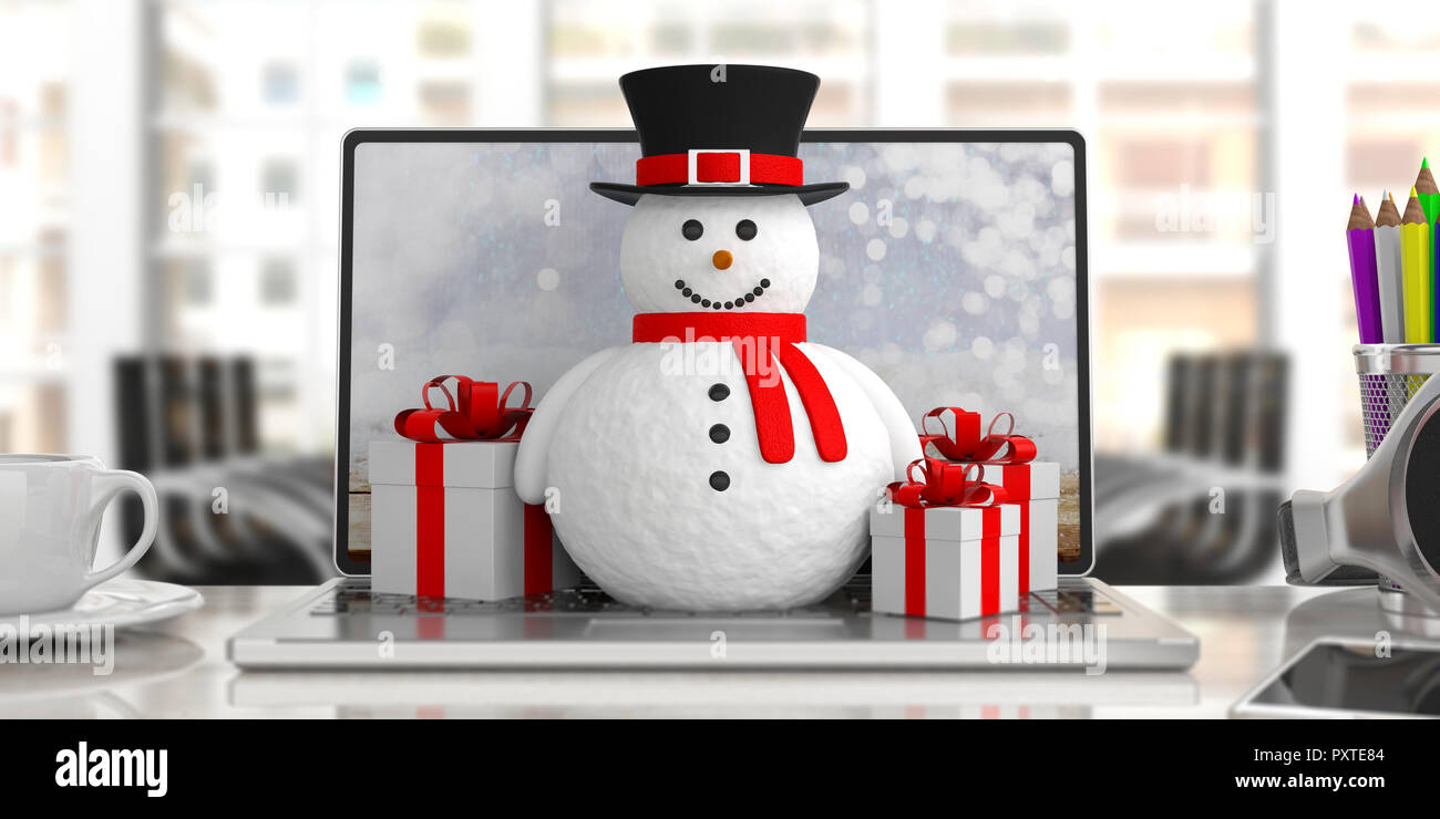 Les cadeaux de Noël. Un bonhomme sourire sur un ordinateur portable contre un arrière-plan flou exercice avec des boîtes-cadeaux, 3d illustration, la bannière. Banque D'Images