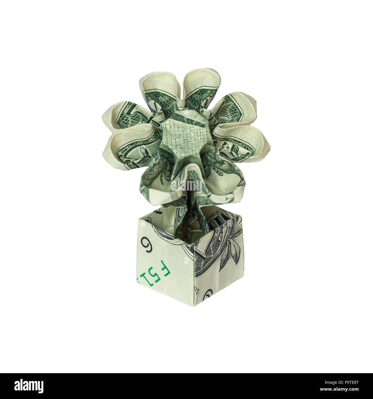 Origami Argent Fleur En Pot Plie Avec Du Vrai One Dollar Bill Isole Sur Fond Blanc Photo Stock Alamy