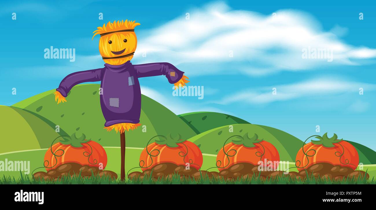 Funny épouvantail dans Pumpkin Farm illustration Illustration de Vecteur
