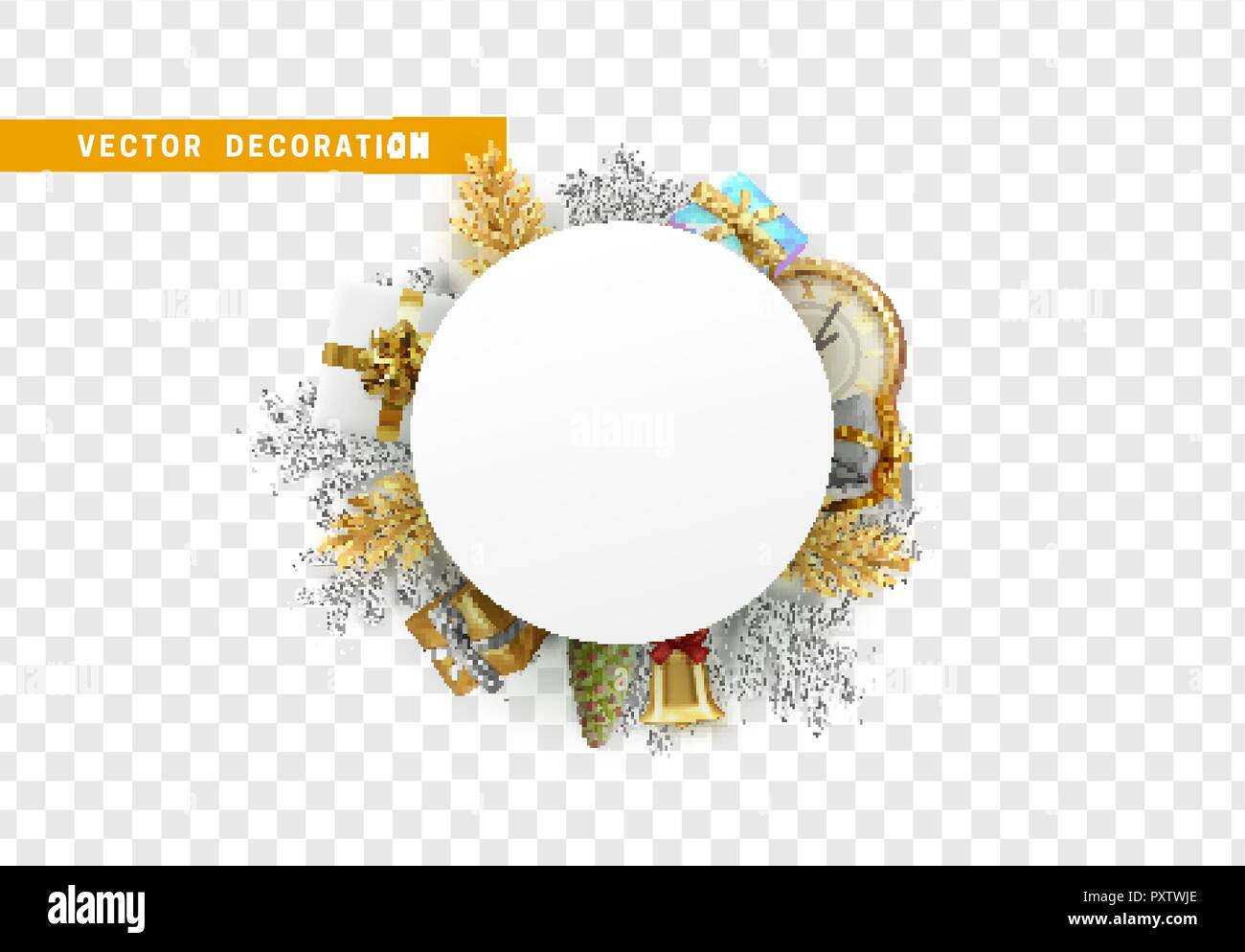 Célébration contexte. Les objets de Noël en forme de tour. Frame du blanc du papier bulle pour texte. Décoration de Noël snowflake et horloges anciennes, une bo Illustration de Vecteur