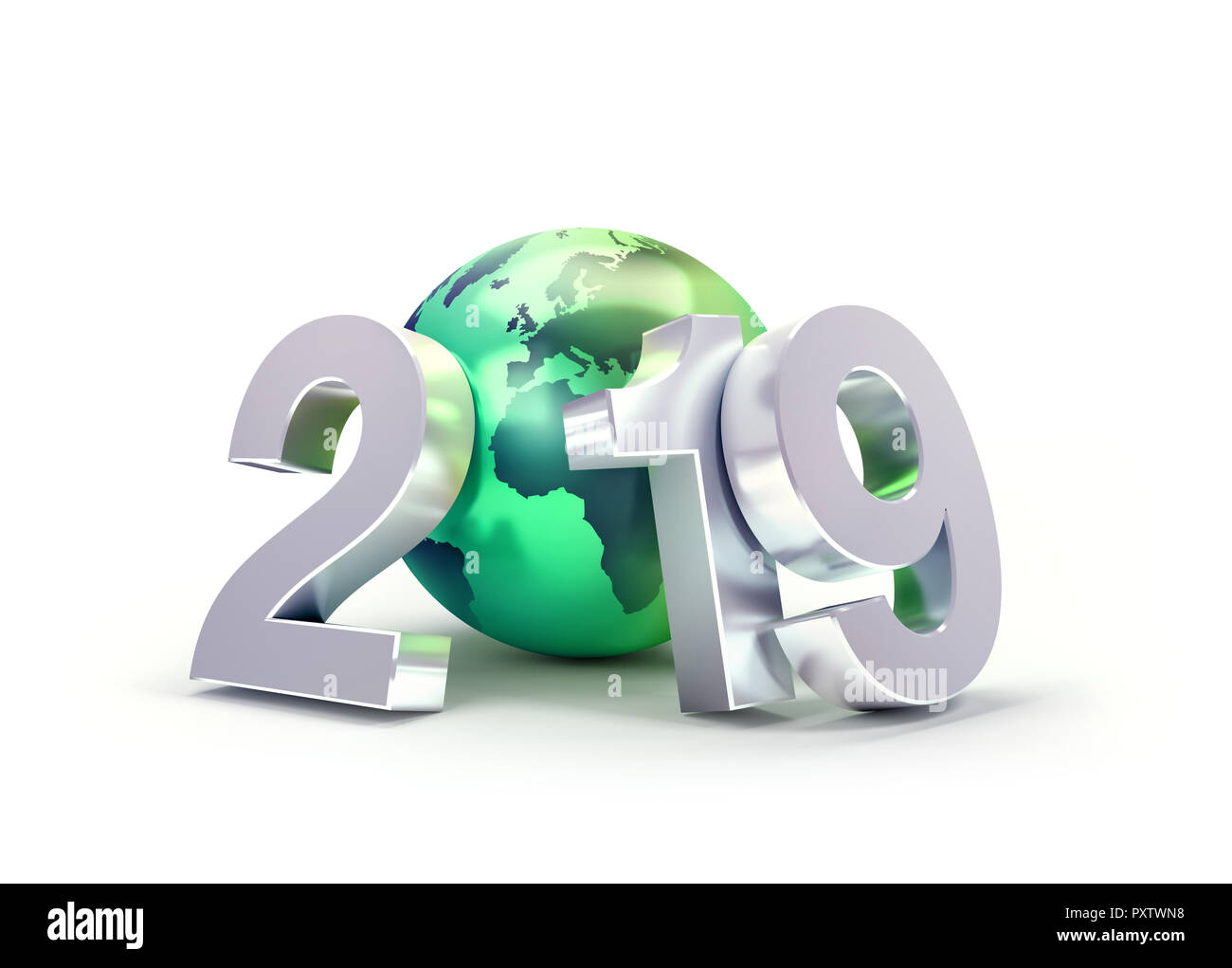 2019 Nouvelle année date nombre composé avec une planète verte la terre, centrée sur l'Europe et l'Afrique, isolé sur blanc - 3D illustration Banque D'Images