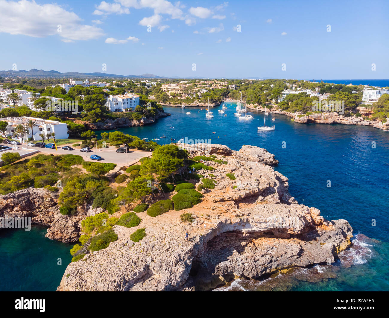 Espagne, Majorque, Puerto del Carmen, vue aérienne de Cala d'Or et baie de Cala Ferrera Banque D'Images