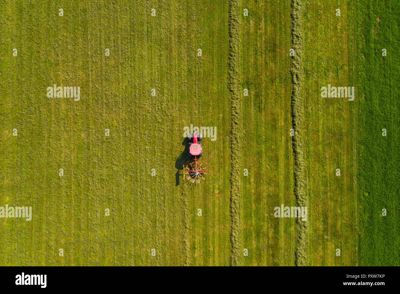 De haut en bas Vue aérienne d'un tracteur rouge cultiver une terre agricole avec une lame en rotation dans les régions rurales de la Slovénie Banque D'Images