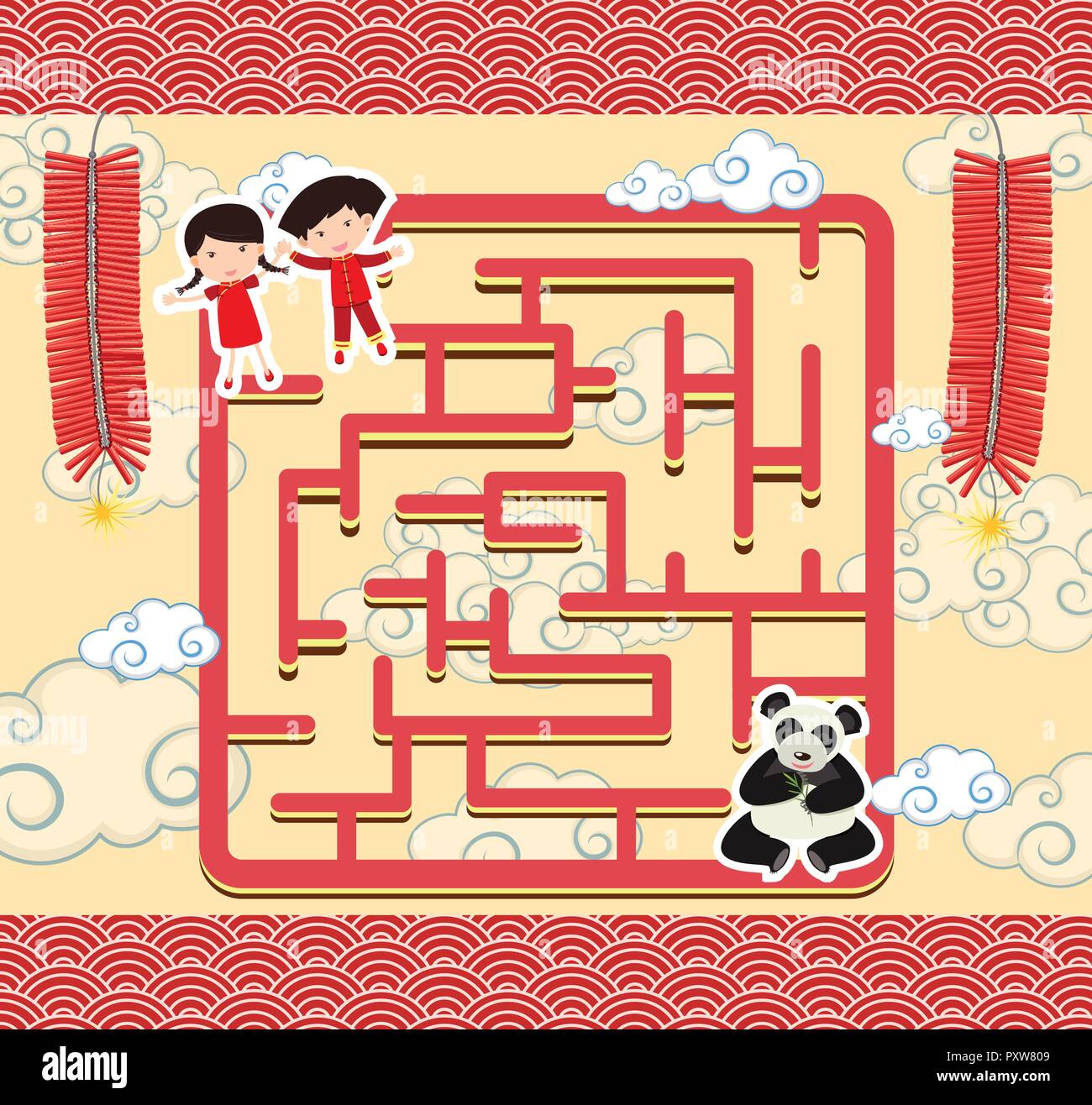 Modèle de jeu de puzzle avec les enfants chinois et panda illustration Illustration de Vecteur