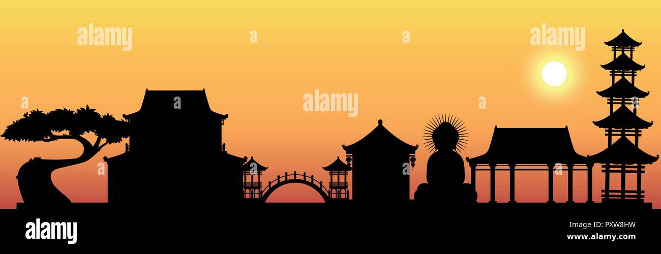 Scène Silhouette avec statue de Bouddha et le temple illustration Illustration de Vecteur