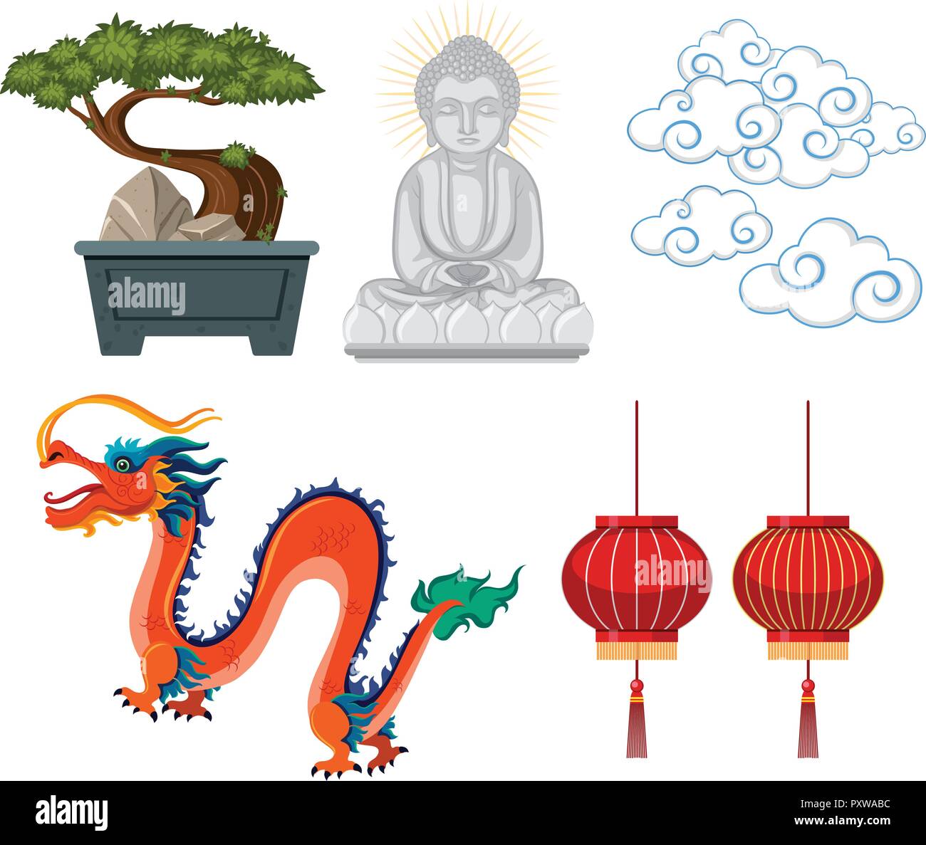 Antiquités asiatiques et décorations sur fond blanc illustration Illustration de Vecteur