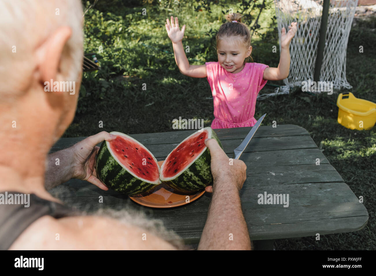 Portrait de petite fille dans le jardin avec son grand-père le tranchage watermelon Banque D'Images