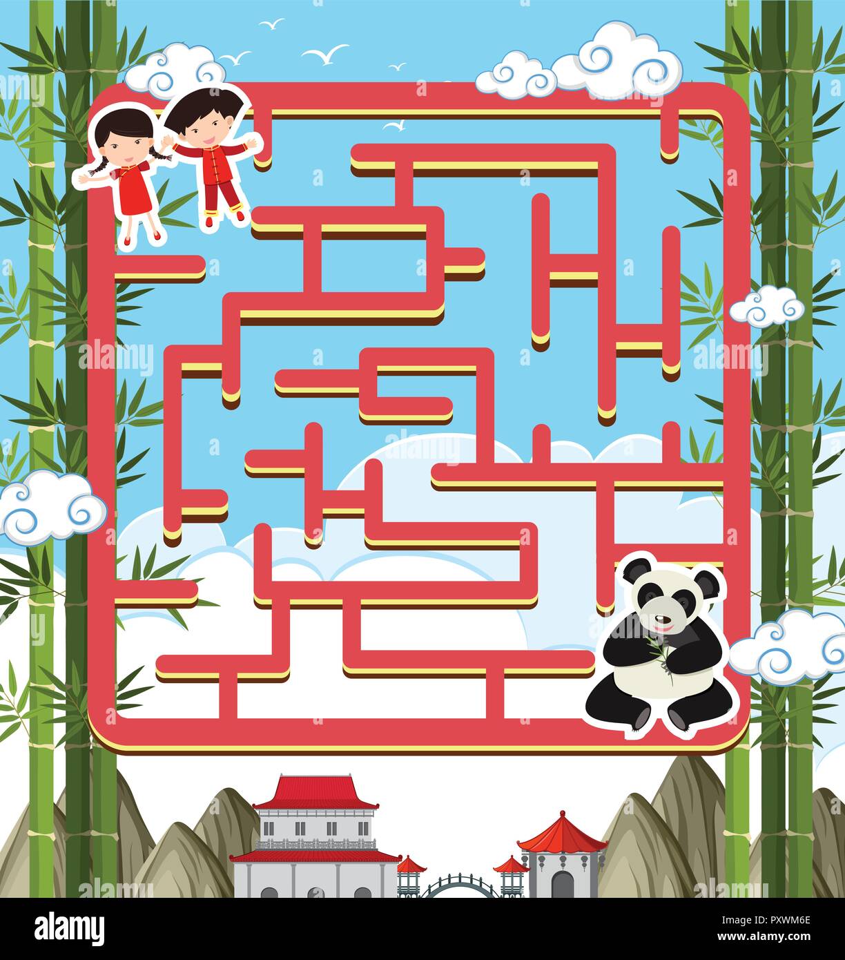 Jeu de labyrinthe modèle avec panda et kids illustration Illustration de Vecteur