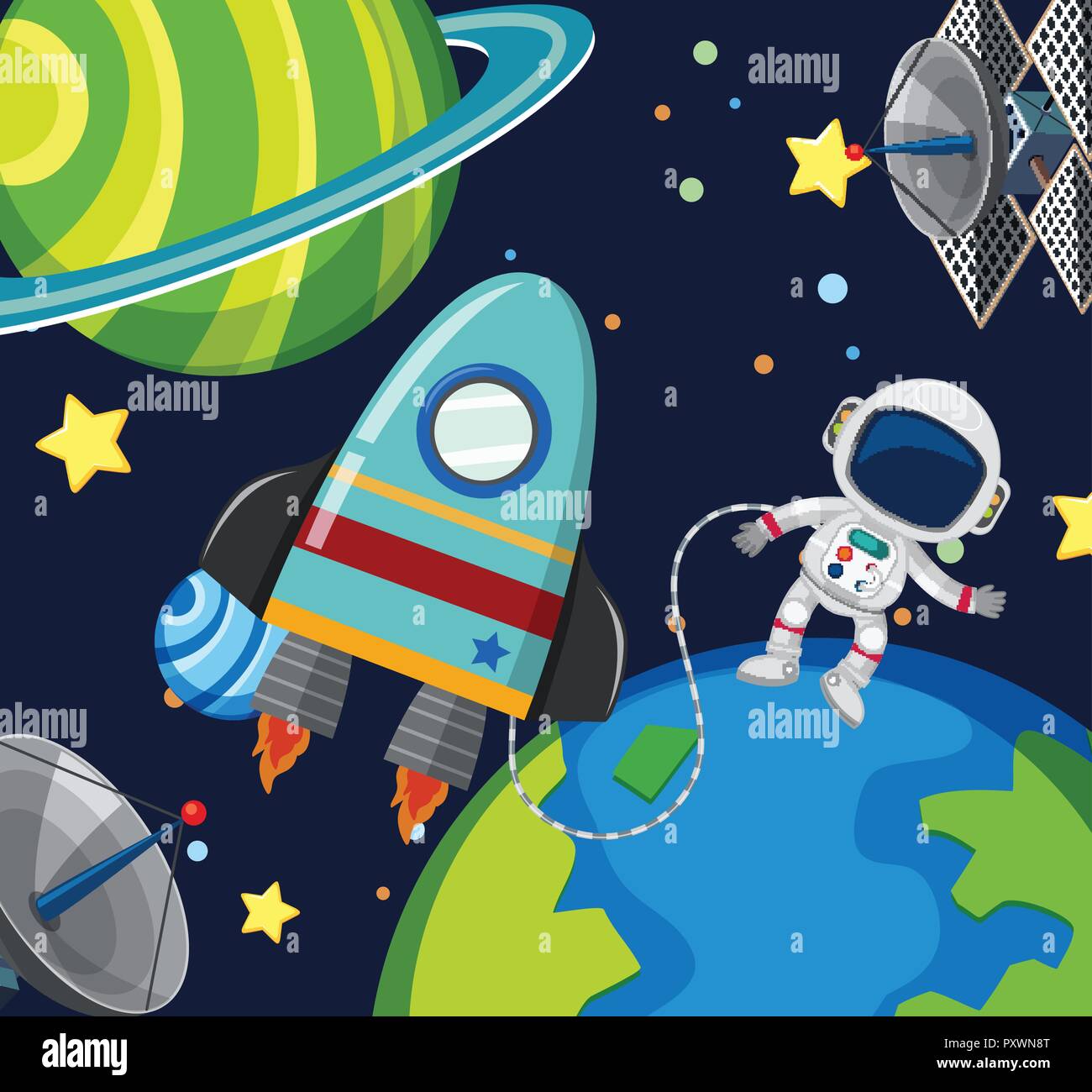Vaisseau spatial et de l'astronaute flottant dans l'espace illustration Illustration de Vecteur