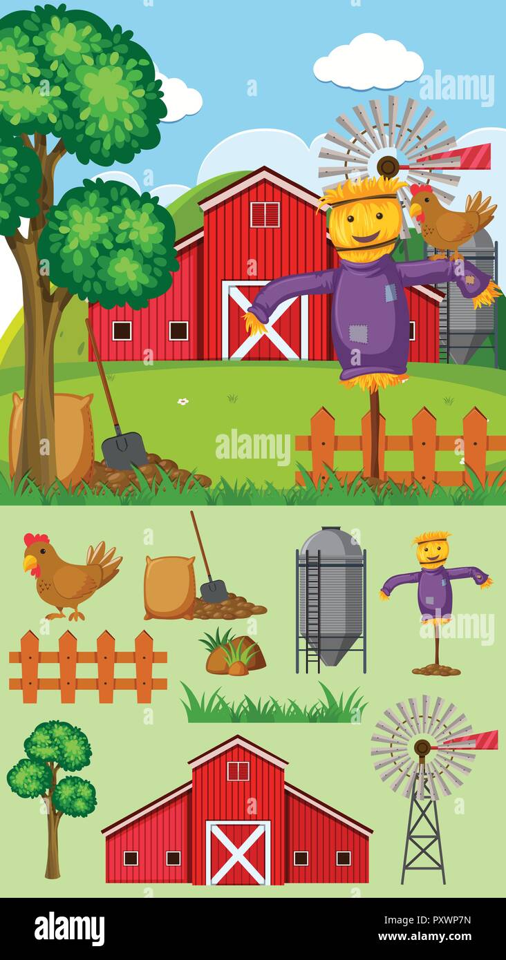 Scène de ferme et d'autres éléments de l'épouvantail avec illustration Illustration de Vecteur