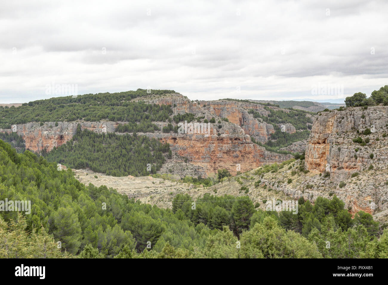 Le Barranco de la Hoz (ASEC) Gully souiller sec canyon, avec des escarpements, de buissons et de rochers rouges, dans un ciel nuageux l'automne, dans la ville rurale Jaraba, Aragon, Espagne Banque D'Images