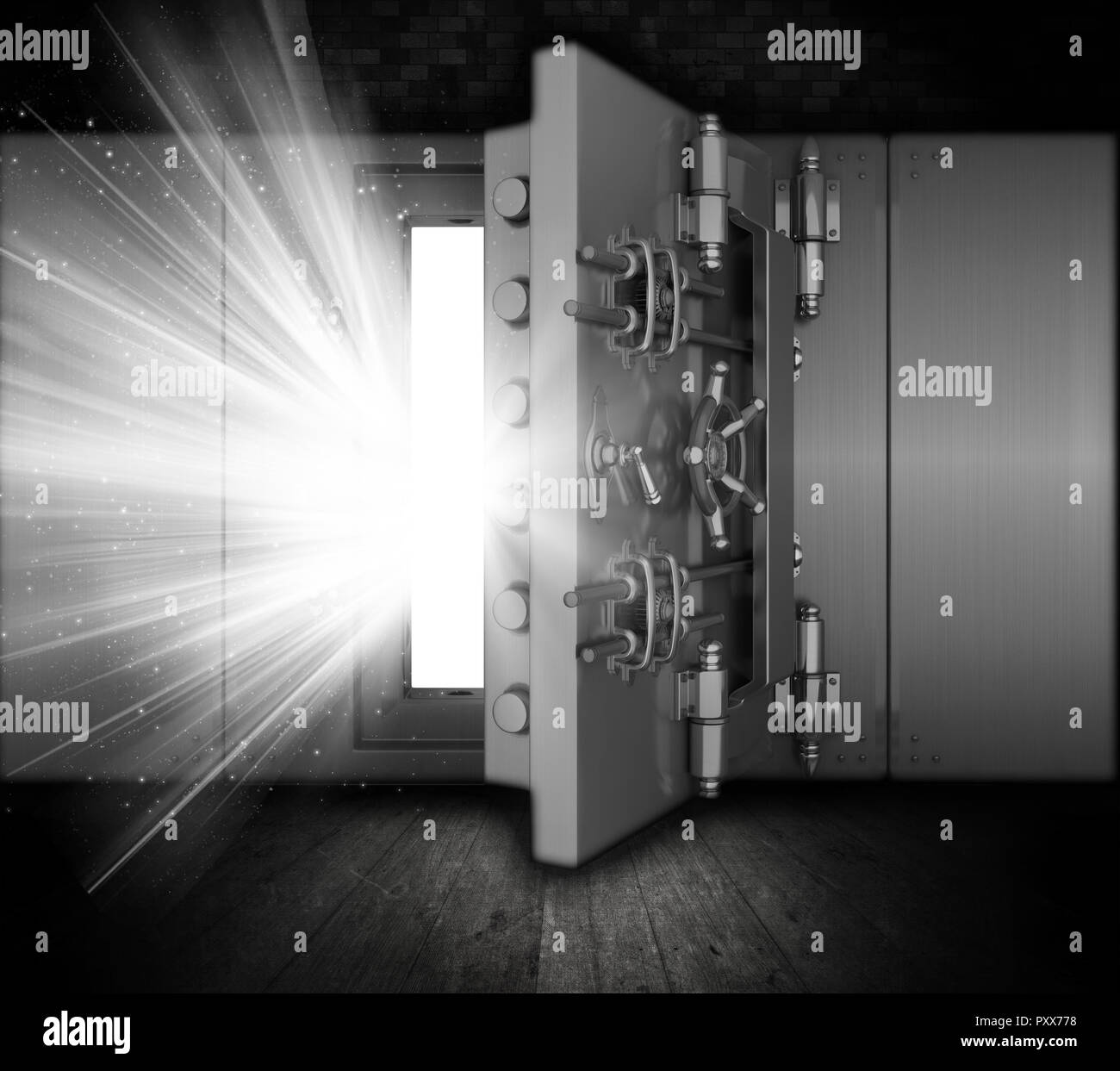 Illustration d'une chambre forte de banque dans un grunge intérieur avec les faisceaux lumineux venant de porte ouverte Banque D'Images
