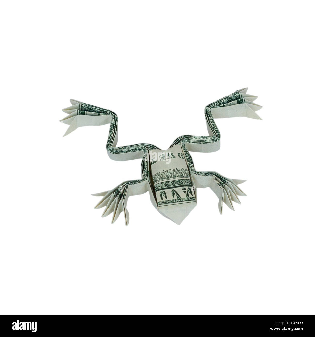 Grenouille Origami argent plié avec du vrai One Dollar Bill isolé sur fond blanc Banque D'Images