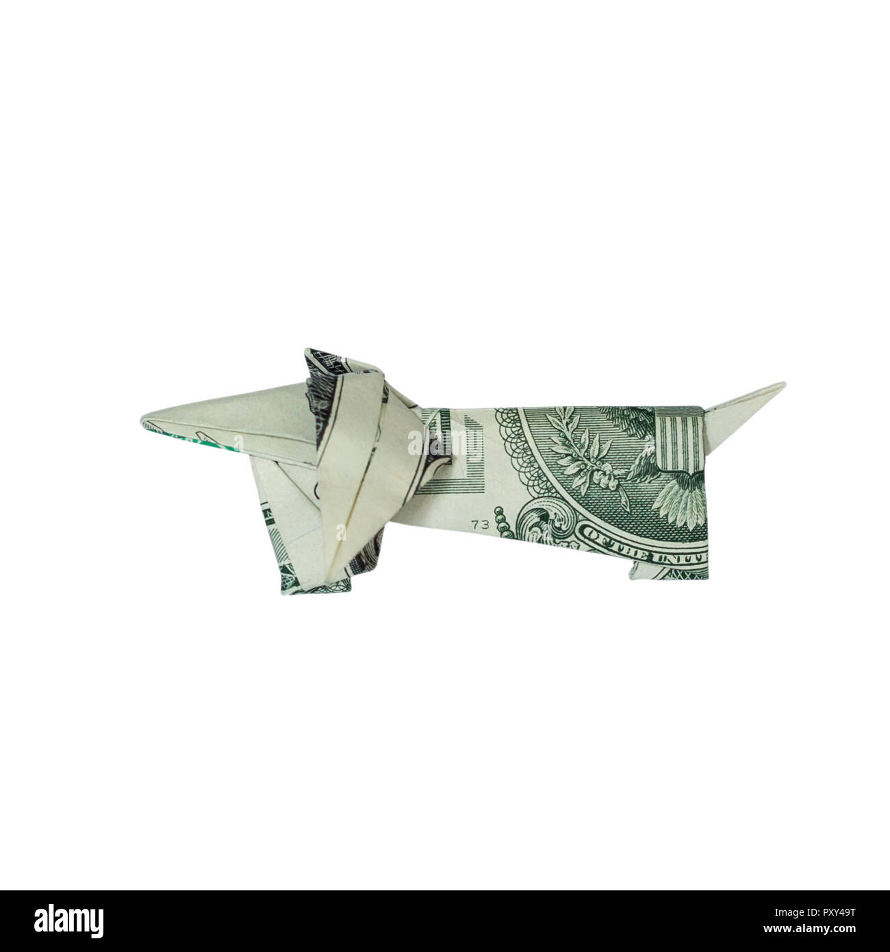 Argent CHIEN Teckel Origami plié avec du vrai One Dollar Bill isolé sur fond blanc Banque D'Images