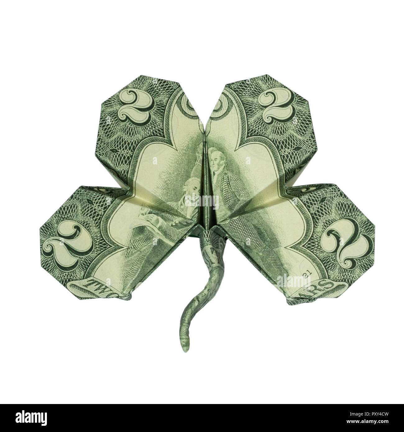 Argent TRÈFLE Origami plié avec du vrai Deux Dollar Bill isolé sur fond blanc Banque D'Images