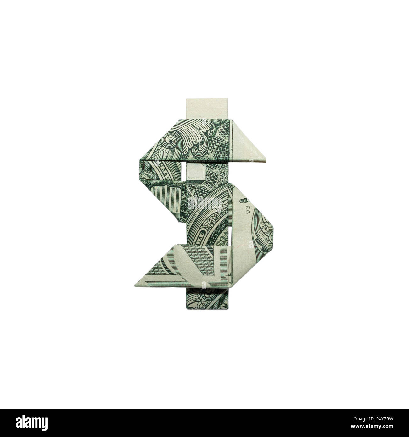 De l'argent signe dollar Origami plié avec du vrai One Dollar Bill isolé sur fond blanc Banque D'Images