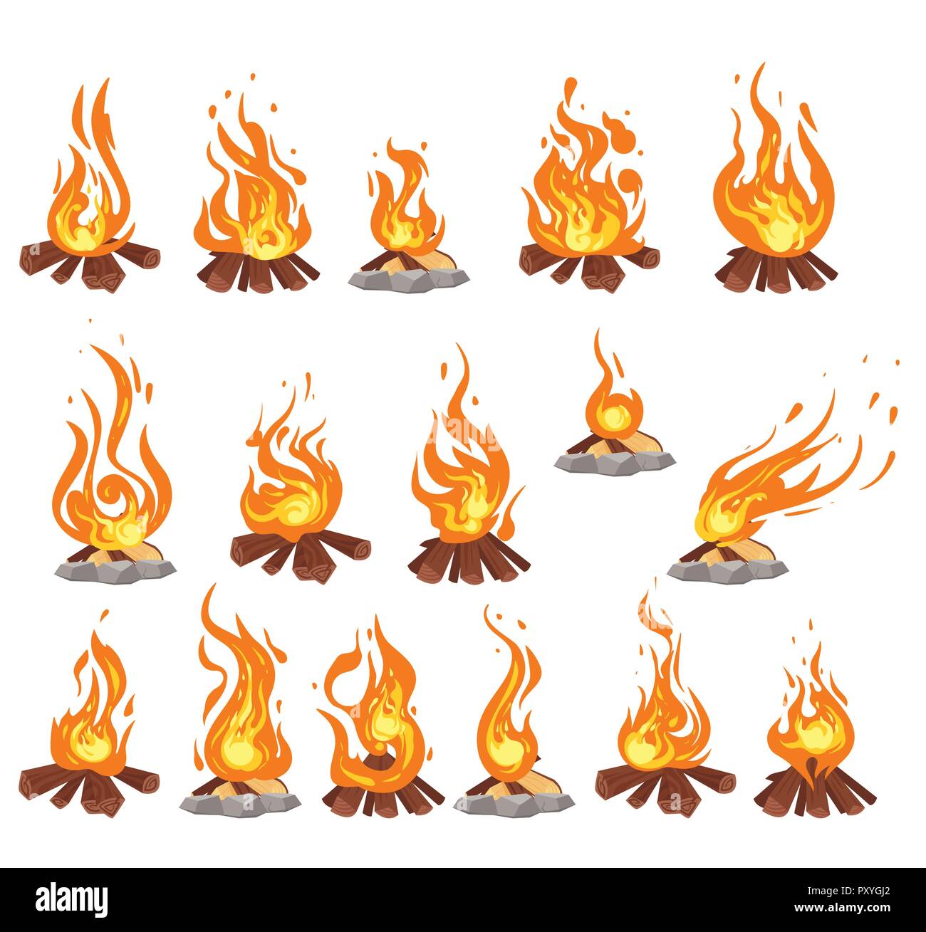 Vector cartoon style jeu de feu de bûches. Les flammes de feu pour l'icône web. Conception isolé sur fond blanc. Illustration de Vecteur