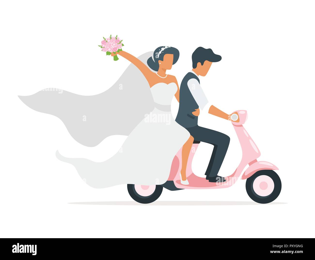 Vector illustration style plat de l'homme en costume et une femme en robe de mariage équitation en scooter. Transport de style rétro. Journée de mariage. Style classique de cl Illustration de Vecteur