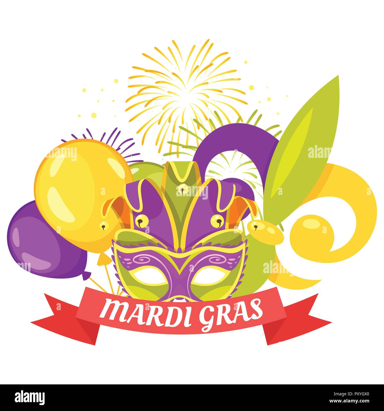 Vector cartoon style illustration de l'affiche pour le festival de Mardi Gras masquerade party template design avec masque de couleur, des ballons et firework Illustration de Vecteur