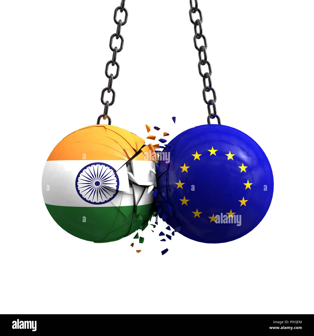 Drapeau de l'Inde et de l'Union européenne smash balles politique dans l'autre. Le Rendu 3D Banque D'Images