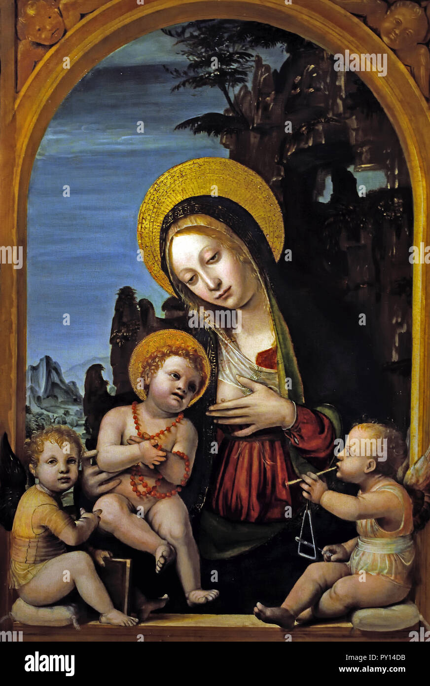 Vierge à l'enfant avec des anges par Bernardo bois allégorique (1463-1526) 16e siècle en Italie, l'italien. Banque D'Images