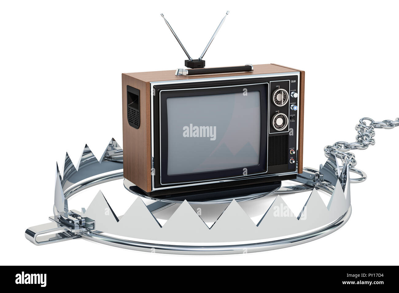Téléviseur à l'intérieur de piège à ours. La dépendance de la télévision, rendu 3D concept isolé sur fond blanc Banque D'Images Téléviseur à l'intérieur de piège à ours. La dépendance de la télévision, rendu 3D concept isolé sur fond blanc Banque D'Images
