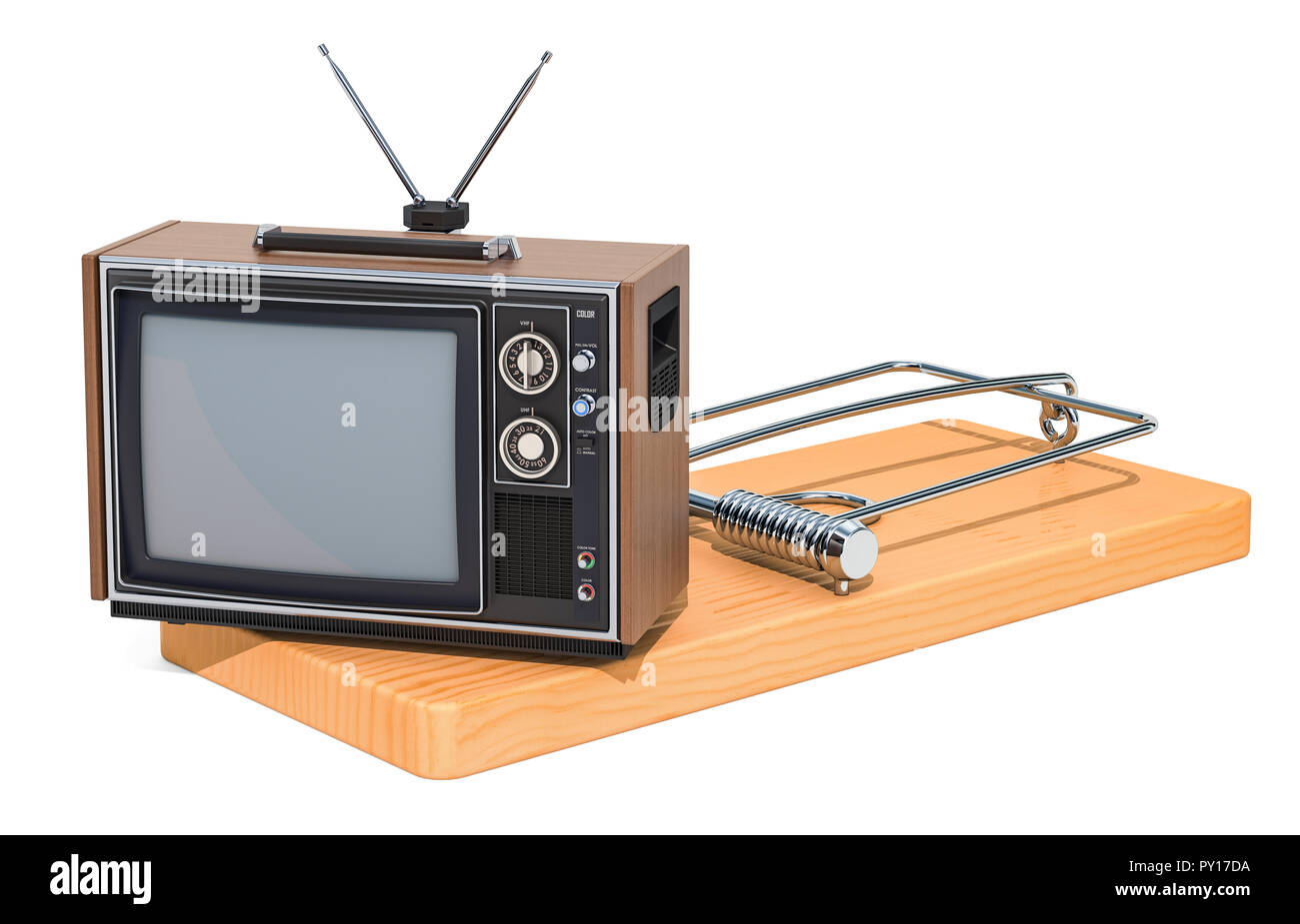 Téléviseur à l'intérieur de souricière. La dépendance de la télévision, rendu 3D concept isolé sur fond blanc Banque D'Images Téléviseur à l'intérieur de souricière. La dépendance de la télévision, rendu 3D concept isolé sur fond blanc Banque D'Images