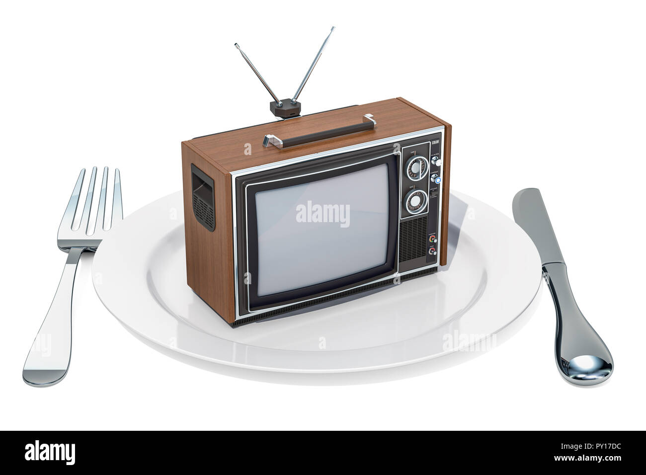 Téléviseur sur une assiette. La dépendance de la télévision et d'un lavage de concept, rendu 3D isolé sur fond blanc Banque D'Images Téléviseur sur une assiette. La dépendance de la télévision et d'un lavage de concept, rendu 3D isolé sur fond blanc Banque D'Images