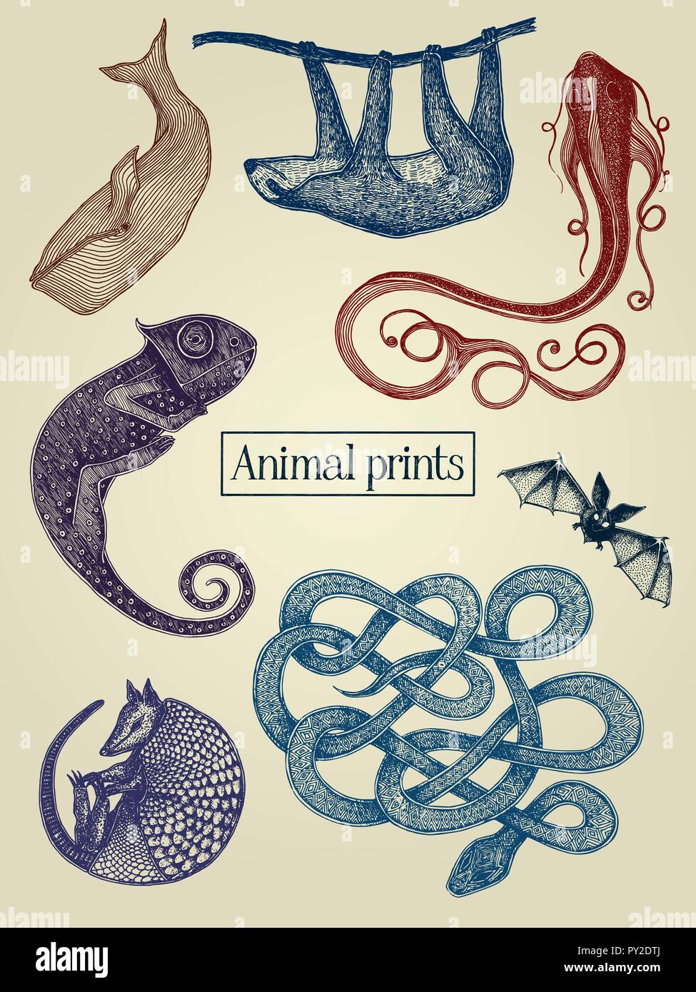 Les illustrations d'animaux sur le fond papier vintage Illustration de Vecteur