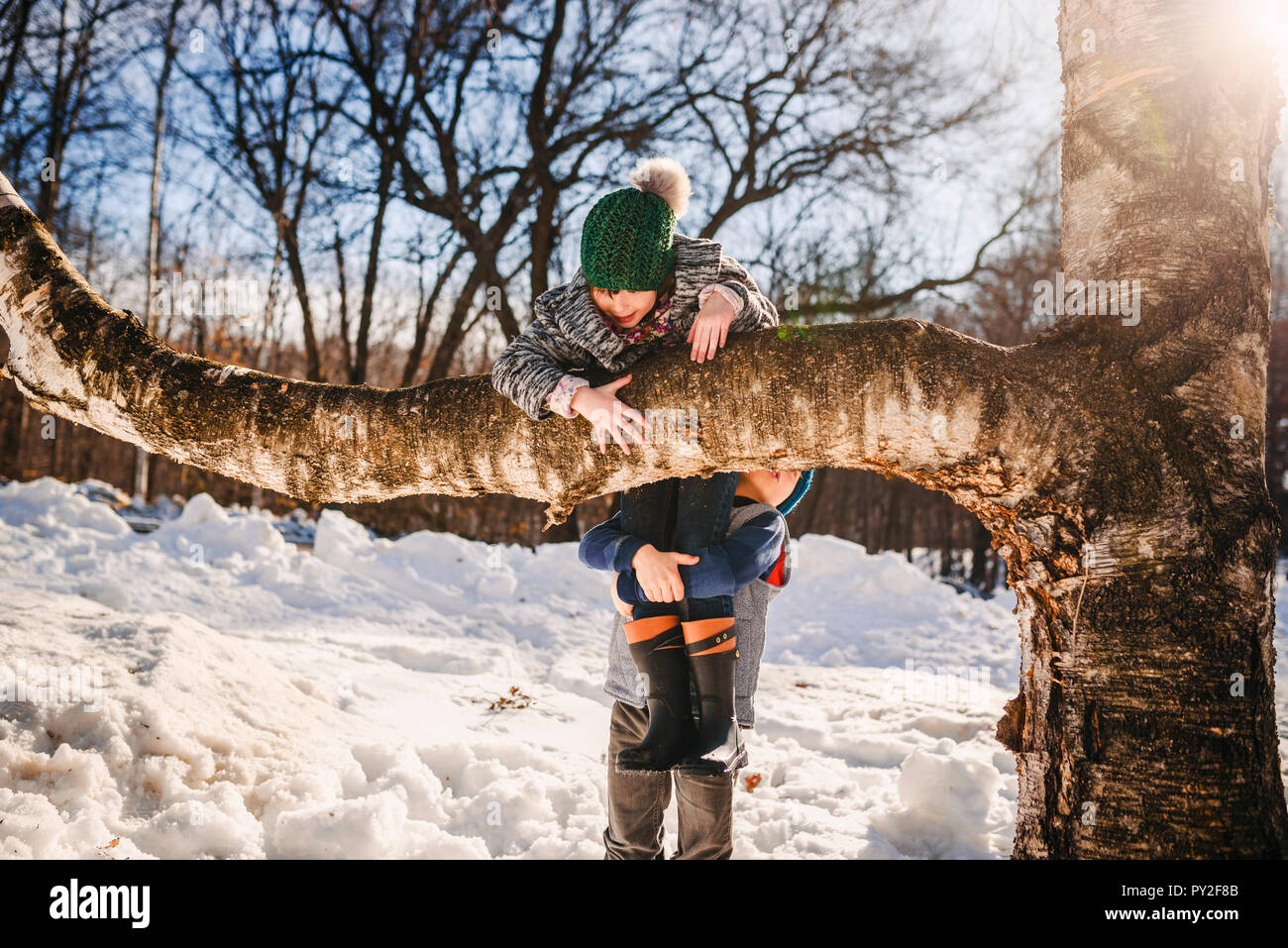 Aider un garçon fille grimper à un arbre en hiver, United States Banque D'Images