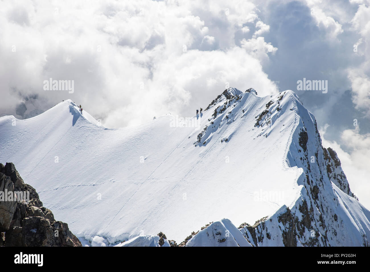 Quatre alpinistes grimper au sommet du Piz Bernina, Suisse Banque D'Images