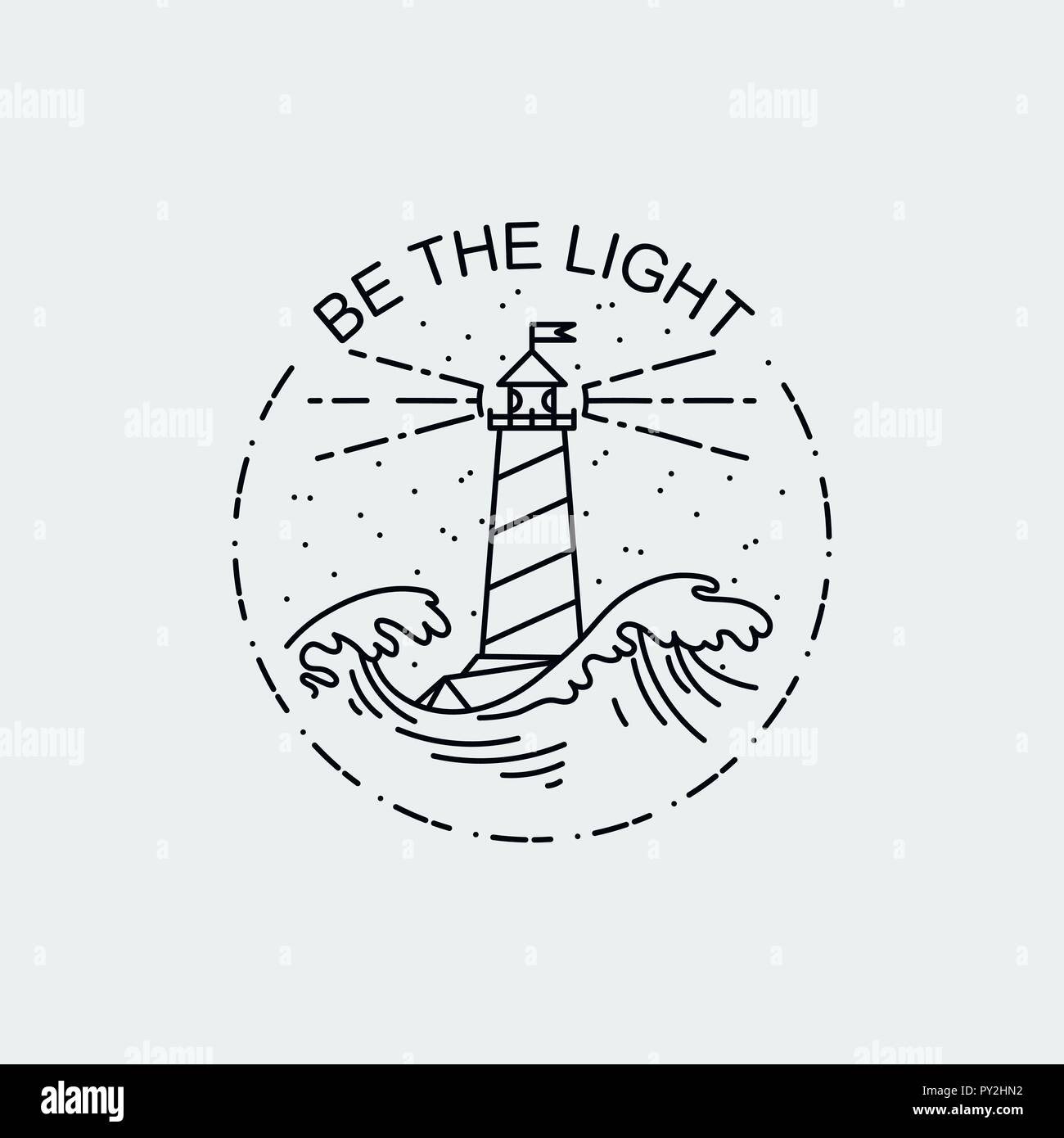 Être la lumière. Vintage illustration de fine ligne phare mer icône. Oiseaux vecteur conception graphique logo, print, étiquette, d'un insigne, autocollant, emblème, signer, de l'identité Illustration de Vecteur