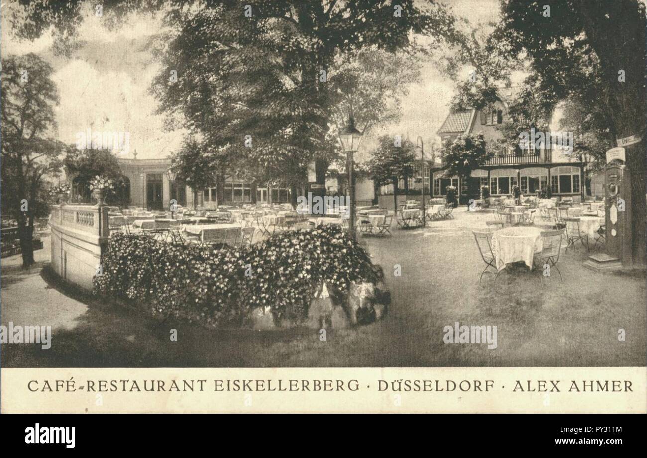 Café-Restaurant Eiskellerberg, Alex Lavaud, Düsseldorf, Postkarte von Brunotte & Keese, gelaufen 1920. Banque D'Images