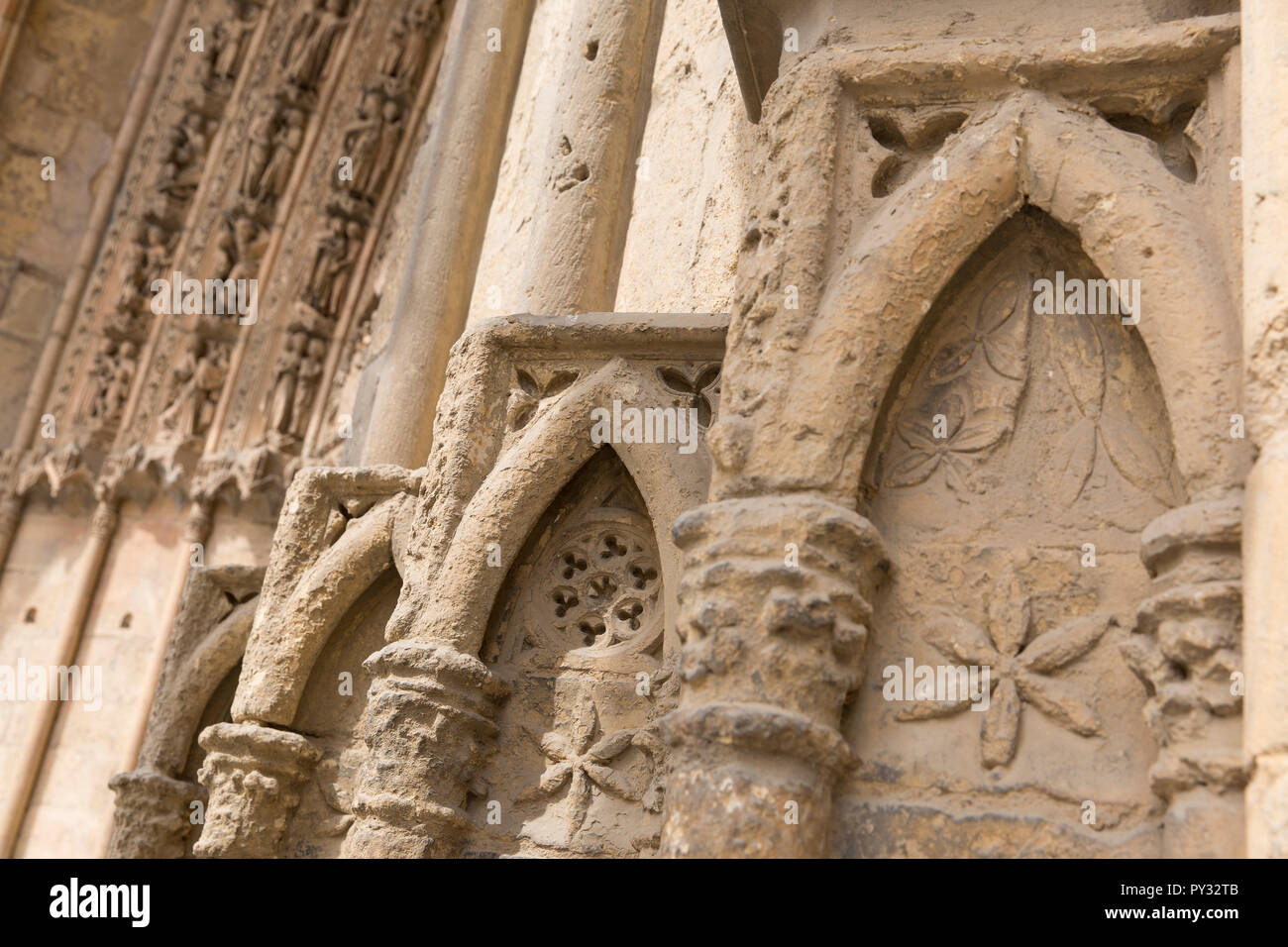 León, Espagne : Détail de l'archivoltes altérés dans la façade ouest de Santa María de la cathédrale de León. Connu localement comme la Pulchra Leonina, le milieu du 13t Banque D'Images