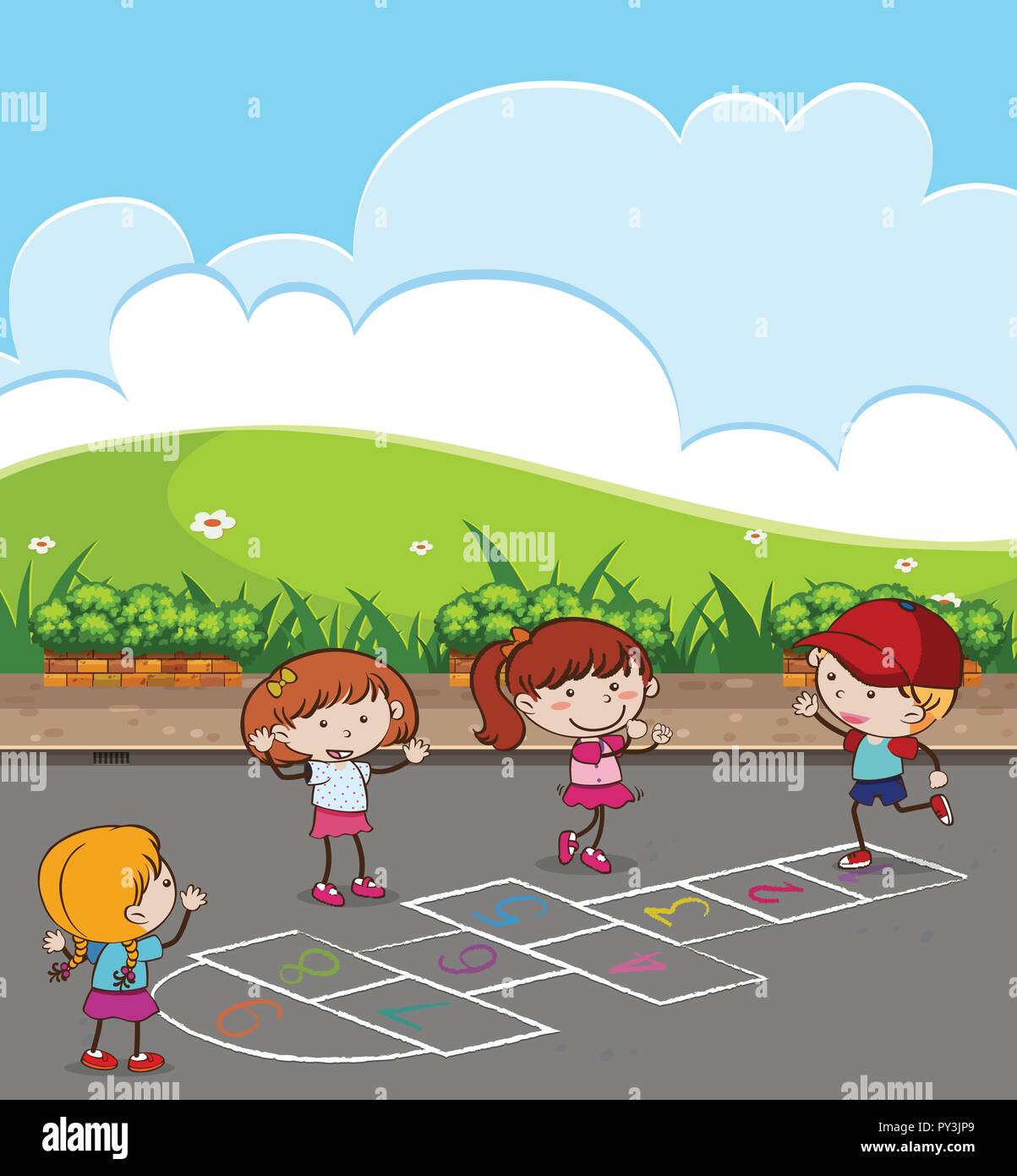Les enfants jouent à la marelle à l'illustration du Parc Illustration de Vecteur