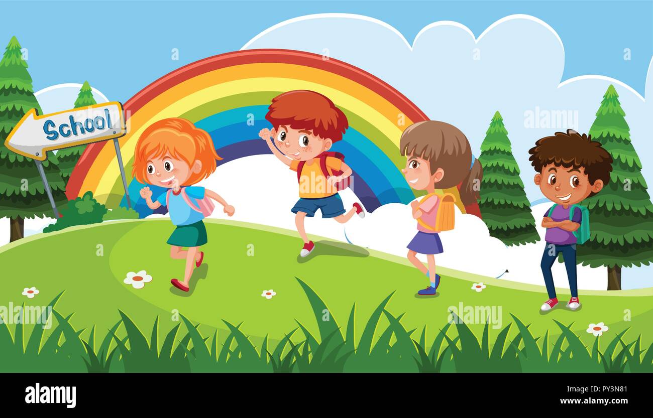 Un Groupe D Enfant D Aller A L Ecole Illustration Image Vectorielle Stock Alamy