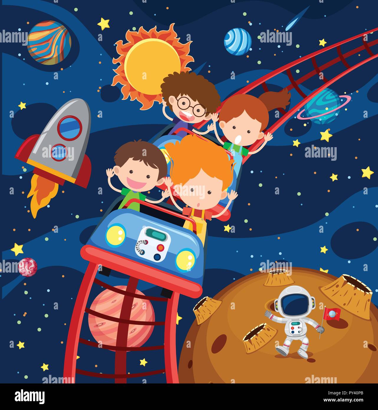 Les enfants équitation roller coaster dans l'espace illustration Illustration de Vecteur