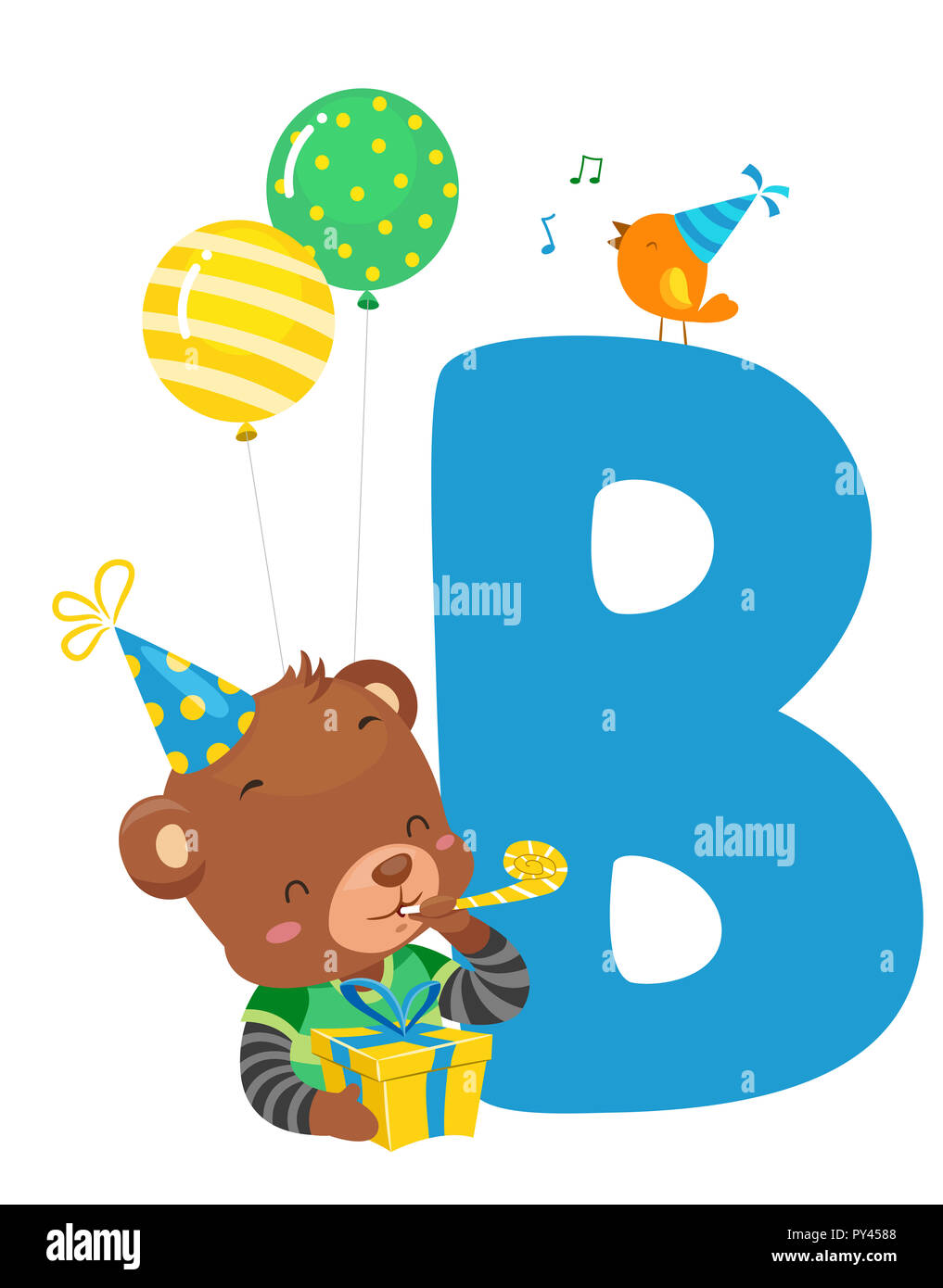 Illustration d'un ours brun avec un oiseau, une lettre B et ballons de fête d'anniversaire, cadeaux et chapeau Banque D'Images