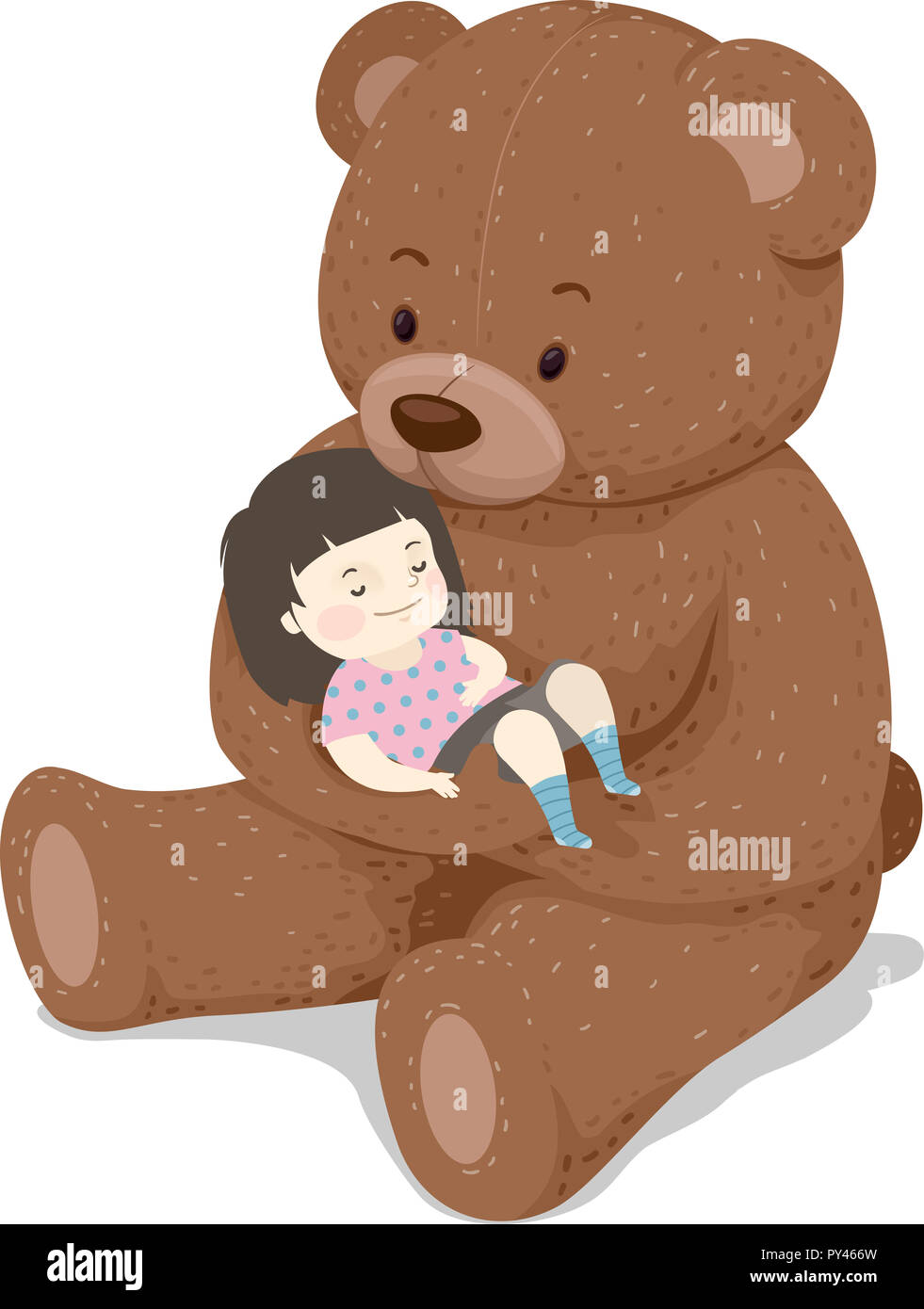Illustration d'un enfant fille enfant dormant dans les bras d'un ours en peluche Banque D'Images