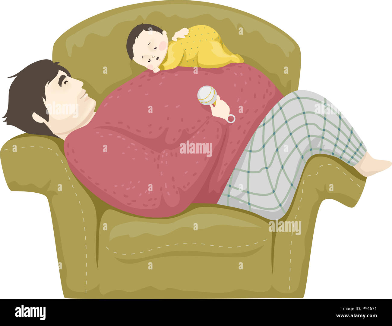 Illustration d'un homme étendu sur une chaise avec son fils bébé dormir sur le ventre Banque D'Images