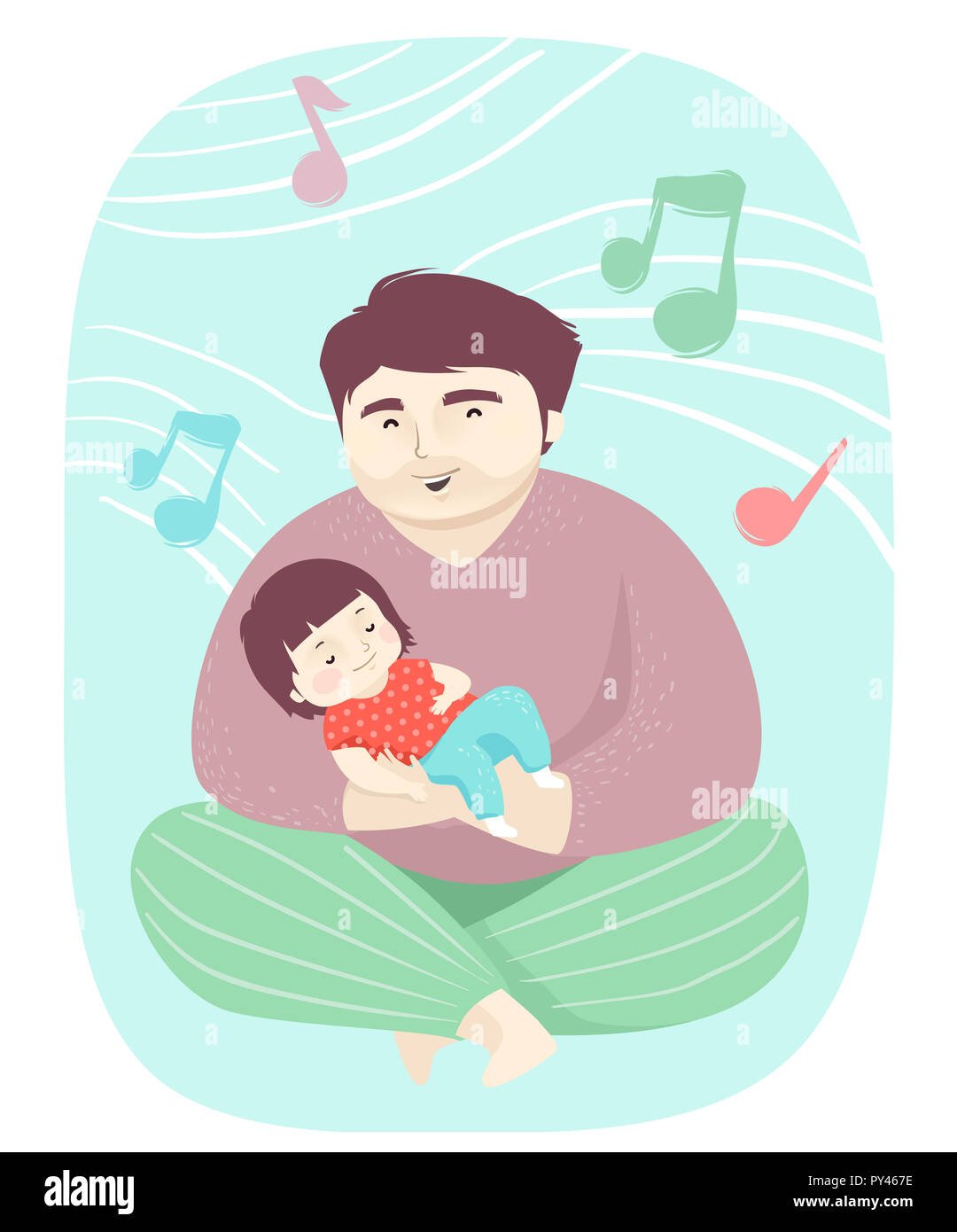 Illustration d'un enfant fille dormir sur ses genoux avec les Pères Papa chanter Lullaby Banque D'Images