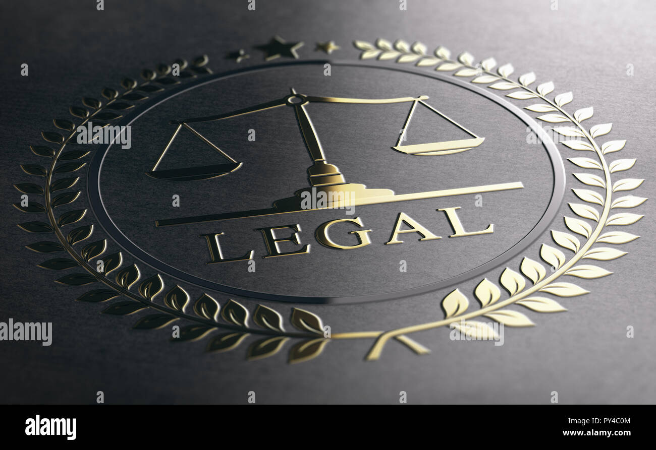 Symbole juridique avec balance de la justice, signe d'or en relief sur fond de papier noir. 3D Illustration Banque D'Images