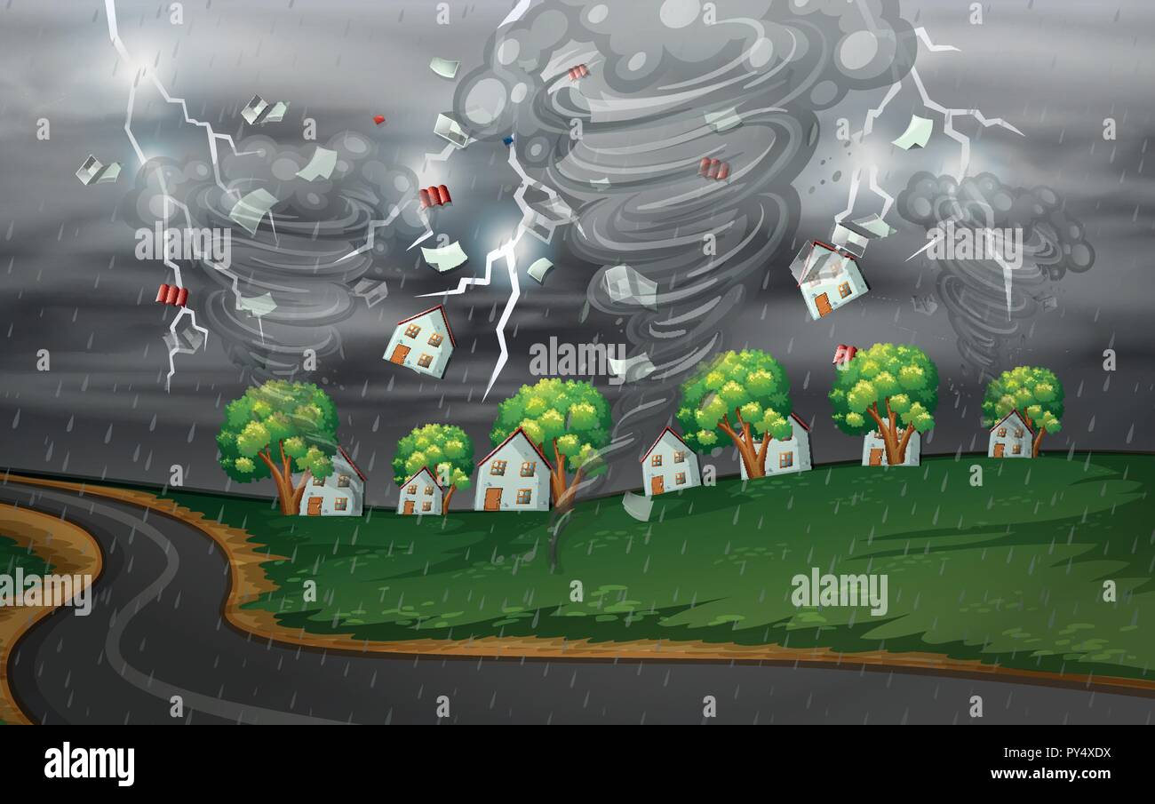 Le cyclone a frappé le village rural illustration Illustration de Vecteur
