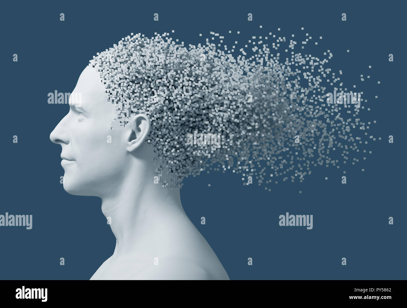 Désintégration sur Pixels 3D de tête de l'homme sur fond bleu. 3D Illustration. Banque D'Images