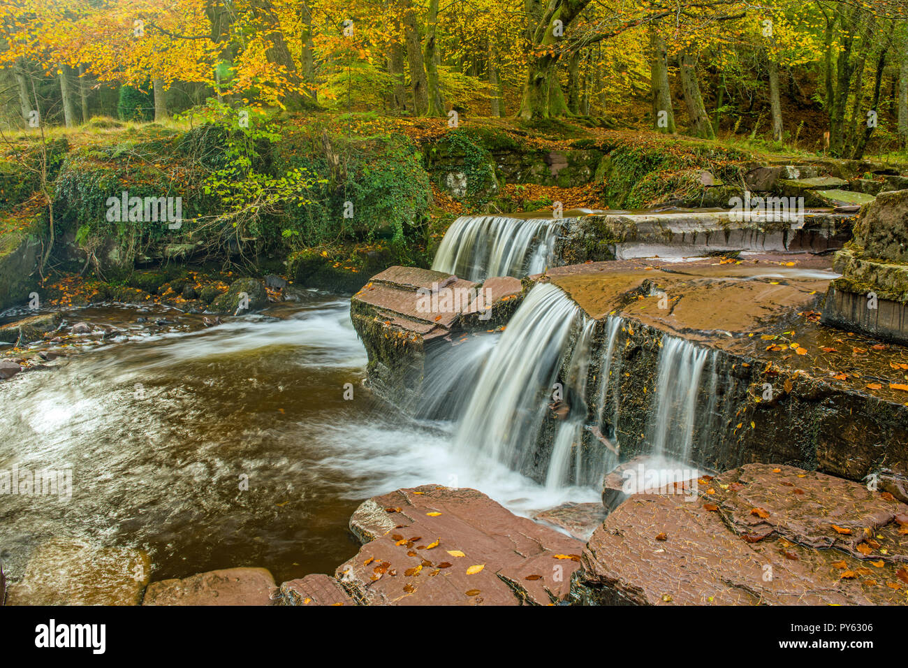 Chute d'eau à Pont en Cwmyfedwen Le Taff Fechan Valley Parc national de Brecon Beacons Banque D'Images